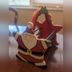 Hand Painted Santa Claus Wood Star Card Basket Christmas Holly Moving Handle